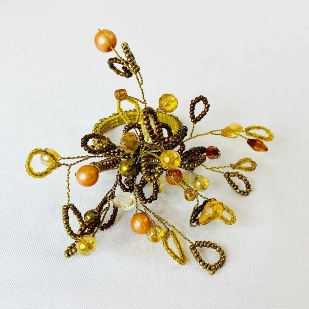Set of 6 Pier 1 Beaded Floral Brown Gold Peach Napkin Rings